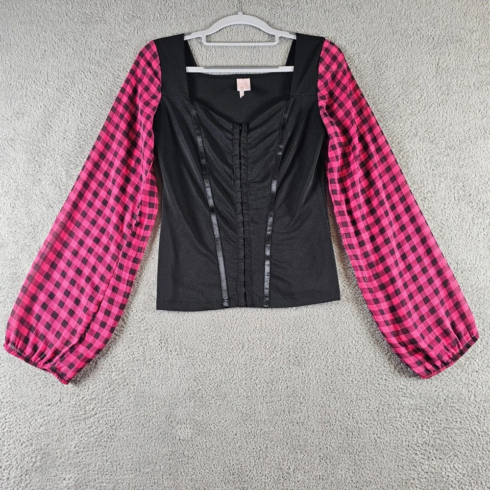Rue21 Womens‎ Medium Black Pink Plaid Corset Hook Eye Balloon Sleeve Top Y2K